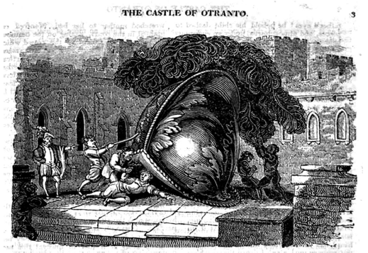 Ilustración de una edición de 1824 de The Castle of Otranto, en la que el duque Manfred ordena que Theodore, el muchacho campesino, sea encarcelado bajo el prodigioso casco de Alfonso el Bueno, bajo el que ha muerto su hijo Conrad (Bodleian Libraries, University of Oxford).