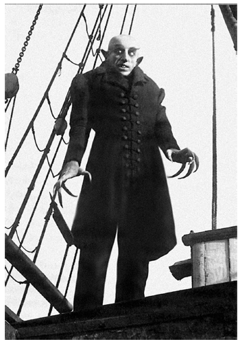 Fotograma de Nosferatu (1922), mostrando al conde Graf Orlok a bordo de la embarcación que lo traslada a Estocolmo.