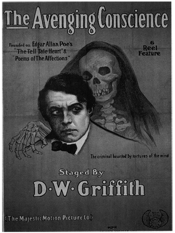 Cartel de la película The Avenging Conscience (1914), basada en la obra The Tell-Tale Heart (1843) de Edgar Allan Poe (1809-1849).