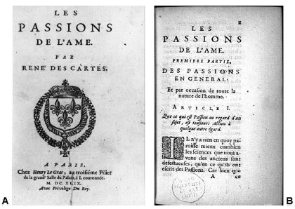 Portadas de las dos primeras ediciones de Les passions de l'âme de René Descartes: Edición de Paris de Henry Le Gras (ca. 1590-1662) (A), y edición de Amsterdam, realizada en la imprenta de Louis Elzevier (1540-1617) (B).