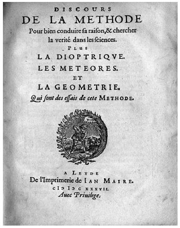 Portada de la primera edición de la conocida obra de Descartes Discours de la méthode: pour bien conduire sa raison, & chercher la vérité dans les sciences. Plus, La dioptrique; Les météores; Et, La géométrie. Qui sont des essais de cette méthode (De l'imprimerie de Ian Maire, Leiden, 1637).