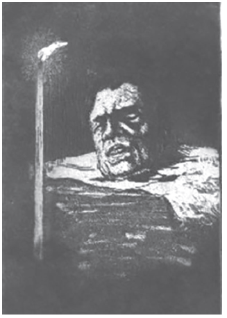 Cabeza de decapitado (1888). Grabado por Henri Guérard. Cortesía de la Biblioteca Nacional de Francia.