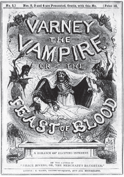 Portada, de autoría desconocida, de la edición de 1845 del folletín Varney The Vampire or The Feast of Blood.