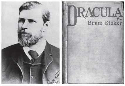 Fotografía de estudio de Bram Stoker realizada en 1882, antes de publicar su gran obra, Drácula, y portada de la primera edición de la misma (London: Archibald Constable and Company, 1897).