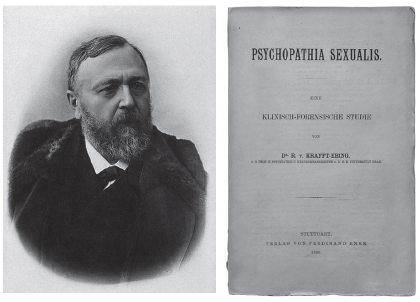 Fotograbado de Richard von Krafft-Ebing (Wellcome Collection, Londres, Reino Unido) y frontispicio de la primera edición de la obra fundacional Psychopathia Sexualis (Stuttgart: Verlag von Ferdinad Enke, 1886), primer estudio científico sobre las parafilias.