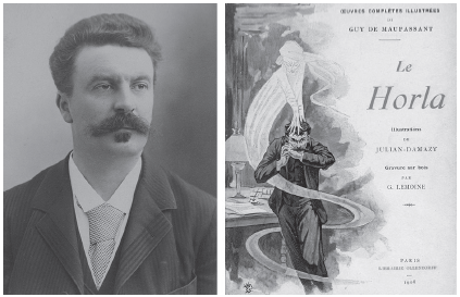 Henri René Albert Guy de Maupassant retratatado en 1888 por el periodista, ilustrador y fotógrafo Gaspard-Félix Tournachon (1820-1910), más conocido como Nadar, y portada de la edición de Le Horla (1908) de las obras completas de Guy de Maupassant, ilustradas por Georges Lemoine (1890-1929) y William Julian-Damazy (1865-1910).