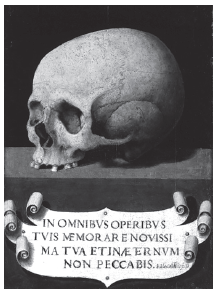 Calavera (o Memento mori), obra del artista valenciano Juan de Juanes (1505-1579). La leyenda se podría traducir como: “En todas tus acciones acuérdate del final y no pecarás jamás” (Museu Belles Arts, València, España).