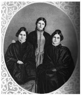 De izquierda a derecha, Leah, Kate y Margaret Fox, las célebres hermanas estadounidenses cuyo relato, que reconocerían como falso en 1888, desató la fiebre del espiritismo en medio mundo (fuente desconocida).