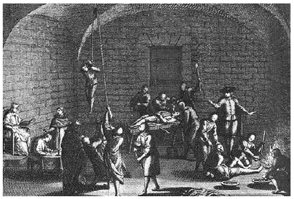 Imagen ficticia de una cámara de tortura inquisitorial, según un grabado del siglo XVIII de Bernard Picart (1673-1733).