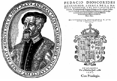 Retrato de Andrés Laguna (1499-1560), según un grabado de la edición salmantina de su Dioscórides (Acerca de la materia medicinal y de los venenos mortíferos) de 1563 y frontispicio de esta versión comentada, realizada en la imprenta de Mathías Gast (n.d.-1577) (Salamanca, 1563).