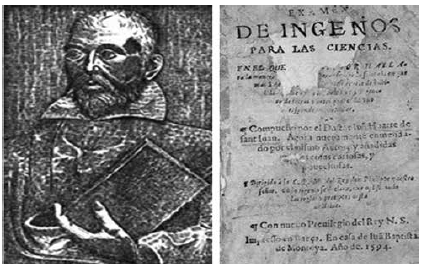 Representación de autor desconocido de Juan Huarte de San Juan (1529-1588) y portada de la edición de 1594 del Examen de Ingenios para las Ciencias, impresa en Baeza por Juan Bautista de Montoya (ca. 1568-1617).