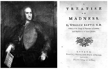 Retrato de autor desconocido de William Battie (1703-1776) (Royal College of Physicians) y portada de su obra A Treatise on Madness (Londres: J. Whiston & B. White, 1758).