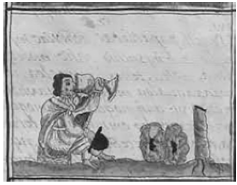 Representación de un teonanácatl con un demonio de pie sobre de él.