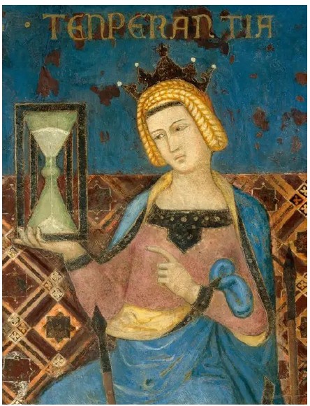 La Templanza con reloj de arena. Detalle del&nbsp;fresco Alegor&iacute;a del Buen y del Mal Gobierno (1338&ndash;1340) de Ambroglio Lorenzetti, ubicado en Siena.&nbsp;Ilustra el temple requerido de la espera.