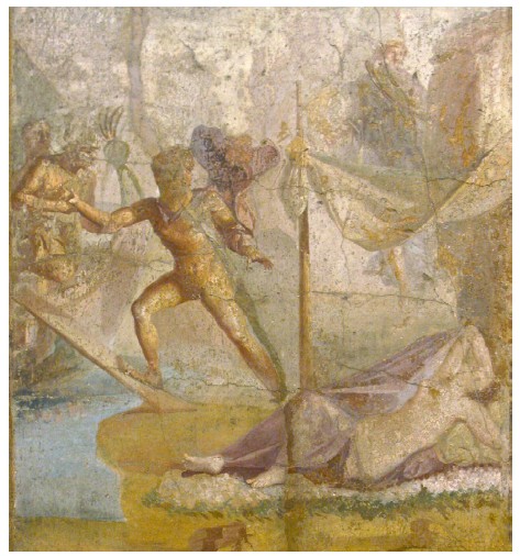Dibujo al fresco de Pompeya (casa de L. Caecilius Jucundus),&nbsp;representando a Teseo y Ariadna escapando de Creta. Seg&uacute;n&nbsp;Plutarco, los atenienses conservaron el barco que Teseo us&oacute; para&nbsp;escapar reemplazando las piezas una a una a medida que se deterioraban.